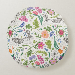 Kaninchen, Schmetterlinge und Blumen Rundes Kissen