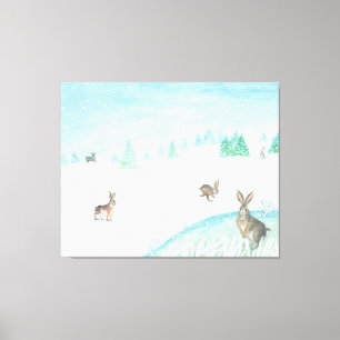 Kaninchen sitzen und im Schnee springen Leinwanddruck