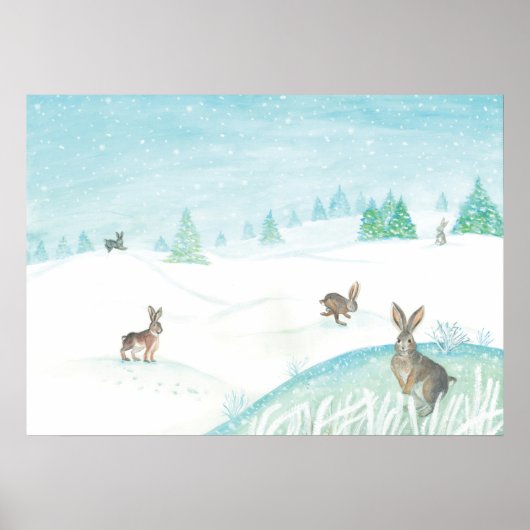 Kaninchen sitzen und im Schnee springen Poster (Vorne)