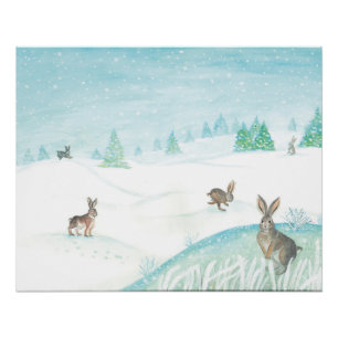 Kaninchen sitzen und im Schnee springen  Poster