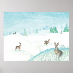 Kaninchen sitzen und im Schnee springen Poster