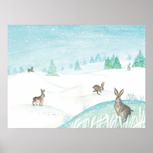 Kaninchen sitzen und im Schnee springen Poster (Vorne)