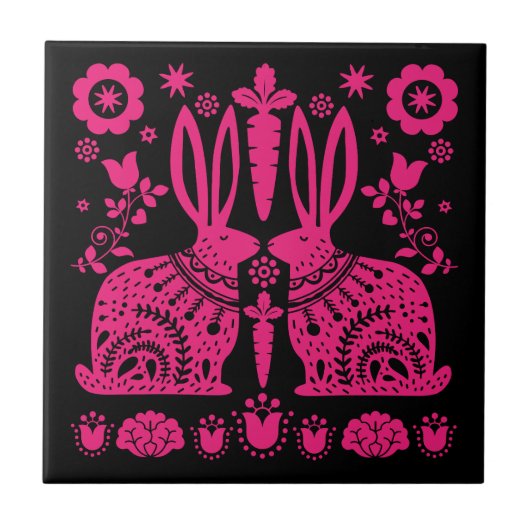 Kaninchen Skandinavische Volkskunst Fliese (Vorderseite)