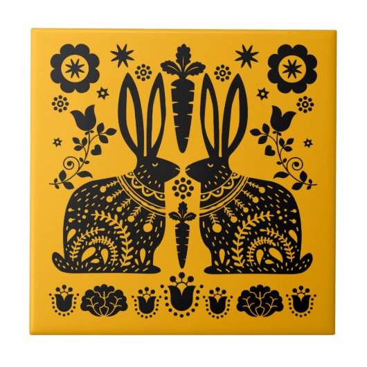 Kaninchen Skandinavische Volkskunst Fliese (Vorderseite)