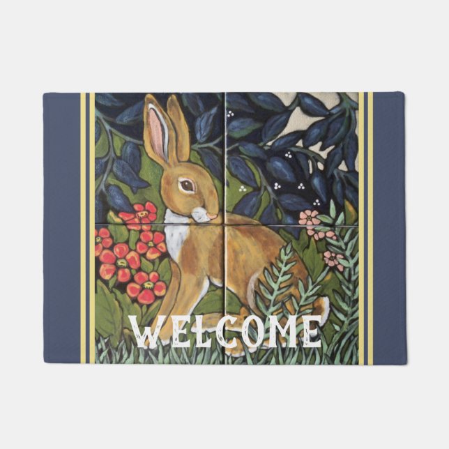 Kaninchen Tapestry Tile floral Navy Blue Hare Deko Fußmatte (Vorderseite)