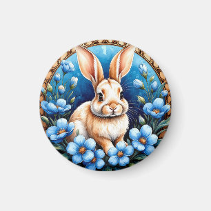 Kaninchen umgeben von blauen Blumen Magnet