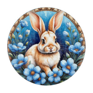 Kaninchen umgeben von blauen Blumen Schneidebrett
