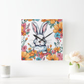 Kaninchen umgeben von Blume Quadratische Wanduhr (Zuhause)