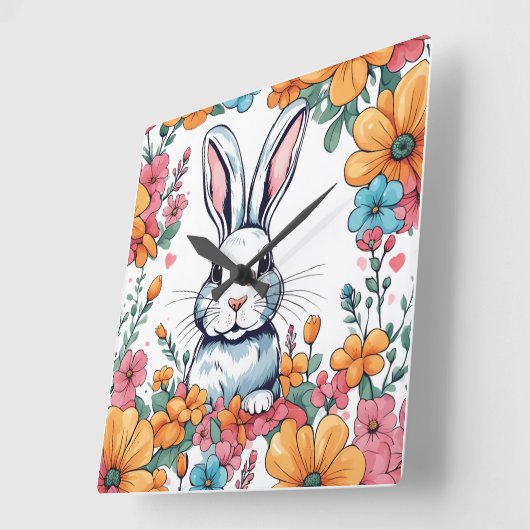 Kaninchen umgeben von Blume Quadratische Wanduhr (Winkel)