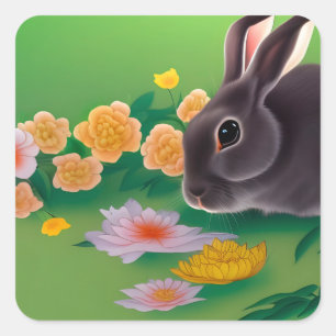 Kaninchen und Blume Quadratischer Aufkleber