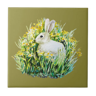 Kaninchen und gelbe Blumen Fliese