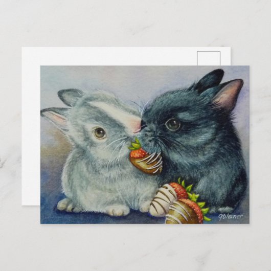 Kaninchen und getauchte Erdbeeren Postkarte (Vorne/Hinten)