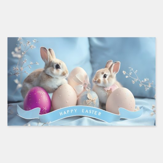 Kaninchen und Ostereier in Rectangle Rechteckiger Aufkleber (Vorderseite)
