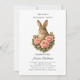 Kaninchen und rosa Blumen Geburtstagsparty-Einladu Feiertagskarte