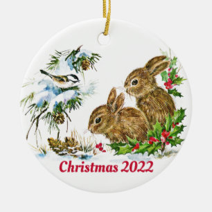 Kaninchen und Vogel genießen Schnee Weihnachten na Keramik Ornament
