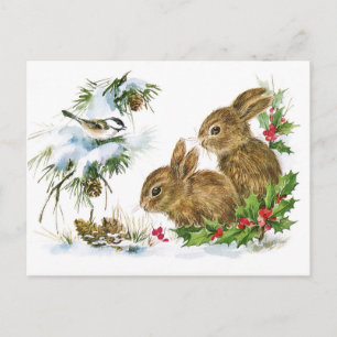 Kaninchen und Vogel genießen Schneepostkarte Postkarte