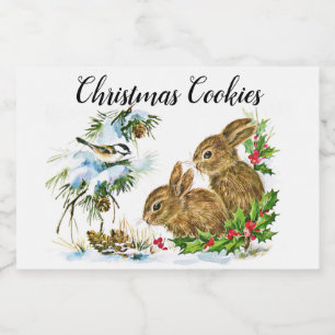 Kaninchen und Vögel genießen Weihnachten im Schnee Lebensmitteletikett
