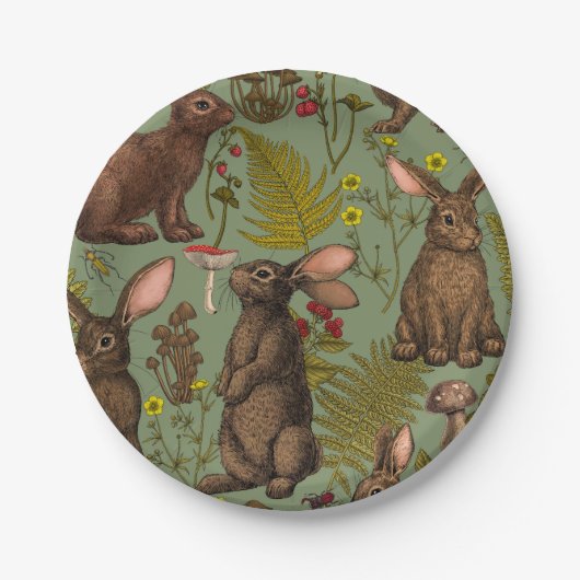 Kaninchen und Waldflora Papiere Teller (Vorderseite)