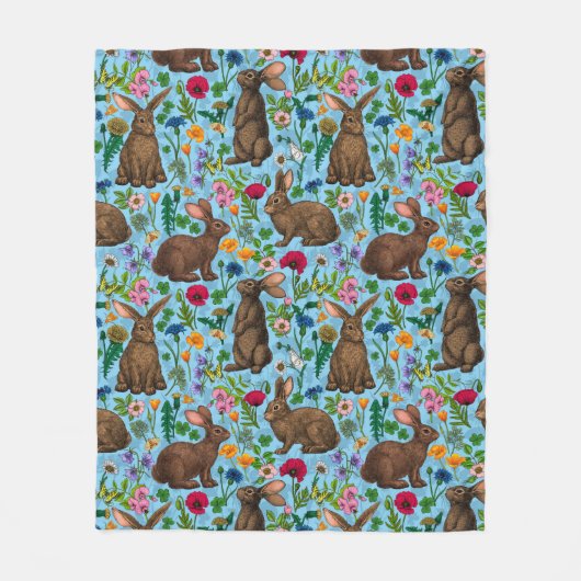 Kaninchen und Wildblumen Fleecedecke (Vorderseite)