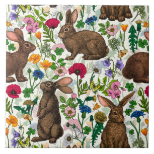Kaninchen und Wildblumen Fliese