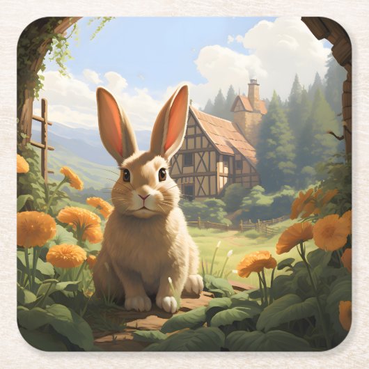 Kaninchen unter den Marigolds Rechteckiger Pappuntersetzer (Vorderseite)