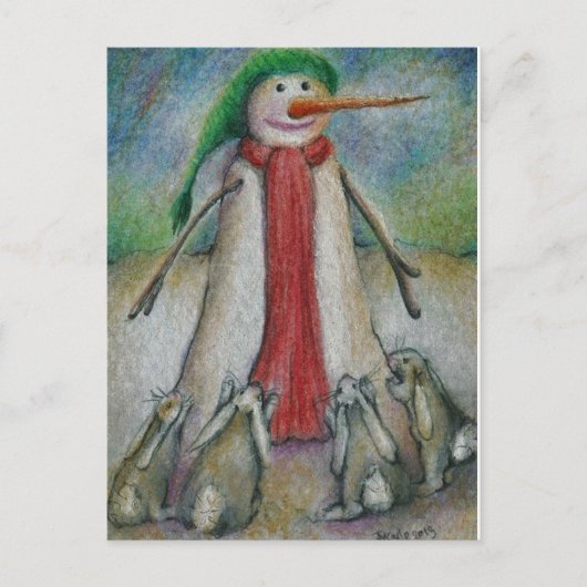 Kaninchen verzweifeln, die Nase des Schneemanns zu Postkarte (Vorderseite)
