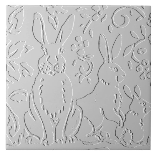 Kaninchen Weiß Graue Embossed Blumenwald Tier Fliese (Vorderseite)
