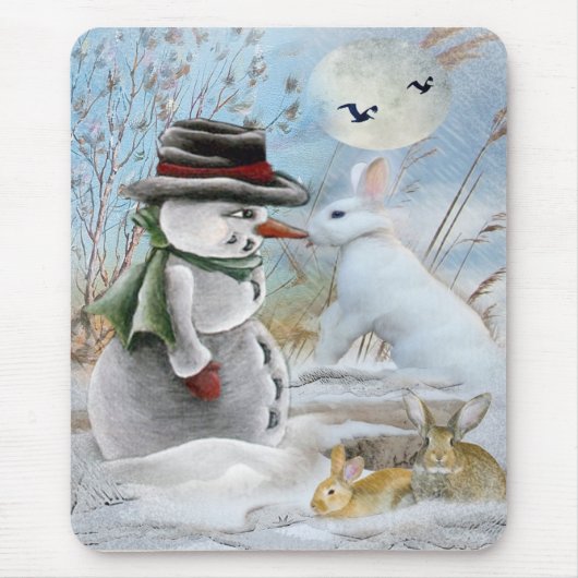 Kaninchen, welches die Nase des Schneemanns isst Mousepad (Vorne)