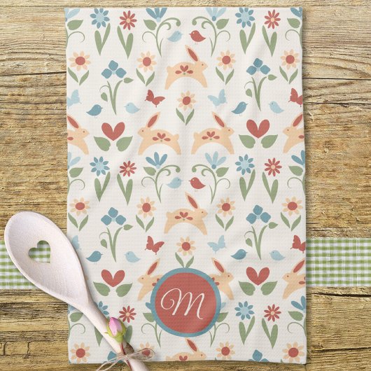 Kaninchen Wildblumen Birds Monogram Geschirrtuch
