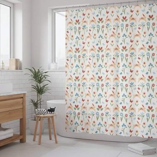 Kaninchen Wildblumen Folk Art Duschvorhang