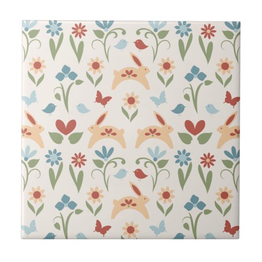 Kaninchen Wildblumen Folkloremuster Fliese (Vorderseite)