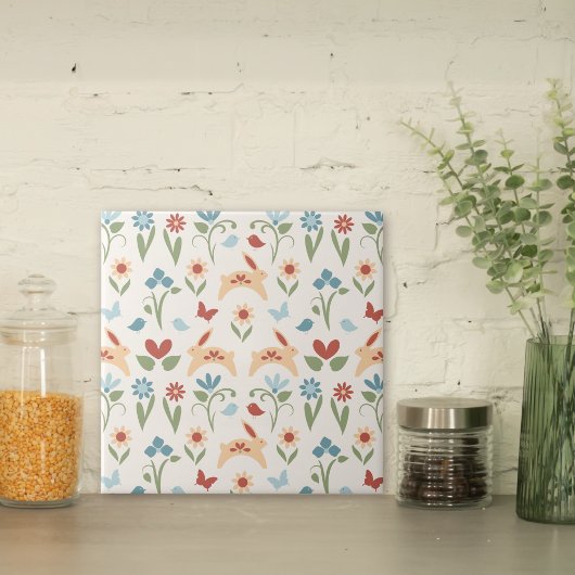 Kaninchen Wildblumen Folkloremuster Fliese