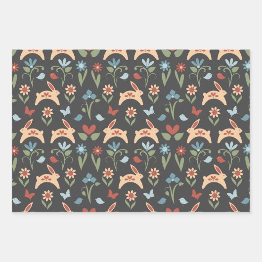 Kaninchen Wildblumen Skandinavisches Volk Geschenkpapier Set (Vorderseite 3)