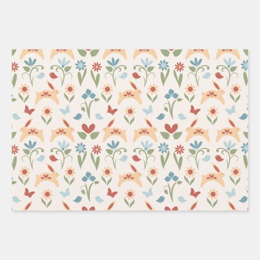 Kaninchen Wildblumen Skandinavisches Volk Geschenkpapier Set (Vorderseite)