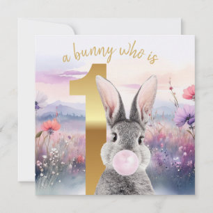 Kaninchen zum ersten Geburtstag bläst rosa Kaugumm Karte