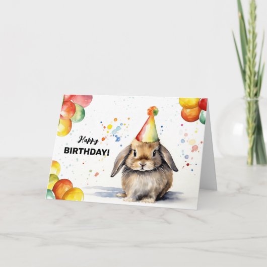Kaninchenballons und Party-Hutlop Bunny Birthday Karte (Vorderseite)
