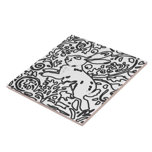 Kaninchenblättern Schwarz-weiß Zeichnend Waldtier Fliese (Seite)