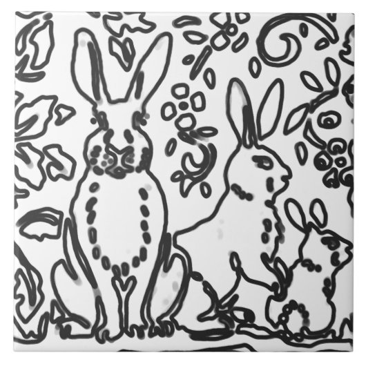 Kaninchenblättern Schwarz-weiß Zeichnend Waldtier Fliese (Vorderseite)