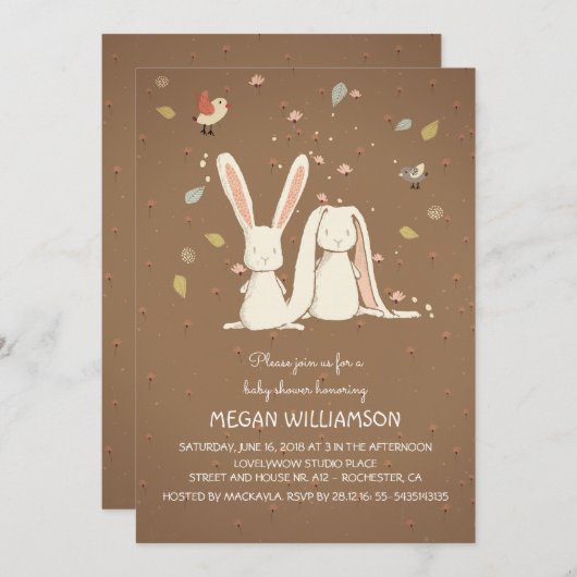 Kaninchenbrunnen, Wald-Babydusche Einladung (Vorne/Hinten)