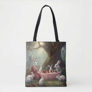 Kaninchenfamilien-Picknick unter einem Einkaufsbau Tasche