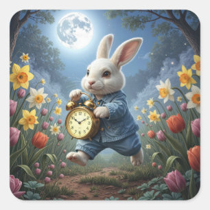 Kaninchenhüpfen mit einem Wecker Quadratischer Aufkleber