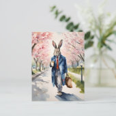 Kaninchenmorgendliche Kaffeepause in der Frühlings Postkarte (Stehend Vorderseite)