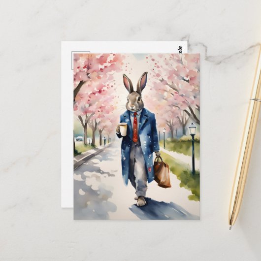 Kaninchenmorgendliche Kaffeepause in der Frühlings Postkarte (Vorderseite/Rückseite Beispiel)