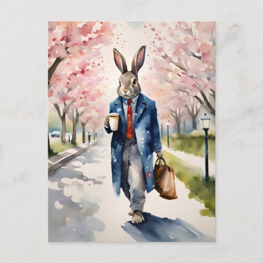Kaninchenmorgendliche Kaffeepause in der Frühlings Postkarte (Vorderseite)