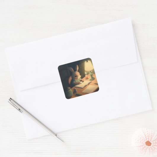 Kaninchenschrift am Schreibtisch - Quadratischer Aufkleber (Umschlag)