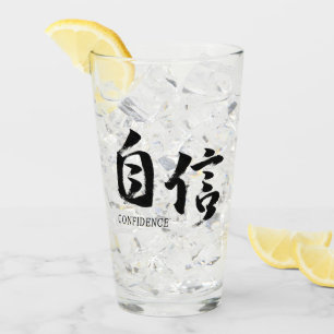 Kanji Jishin/Vertrauen japanische Kalligrafie Glas