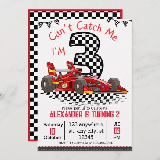 Kann mich nicht erwischen, ich bin 3 Red Race Birt Einladung (Vorne/Hinten)