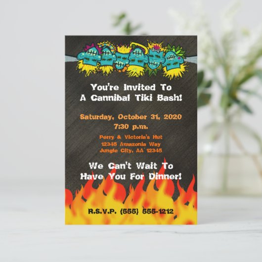 Kannibale Tiki Schlag-Kopfjäger-Art-Party - Einladung (Stehend Vorderseite)