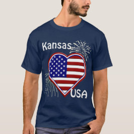 Kansas 4. Juli Feuerwerk Herzenflagge Navy T - Shi T-Shirt