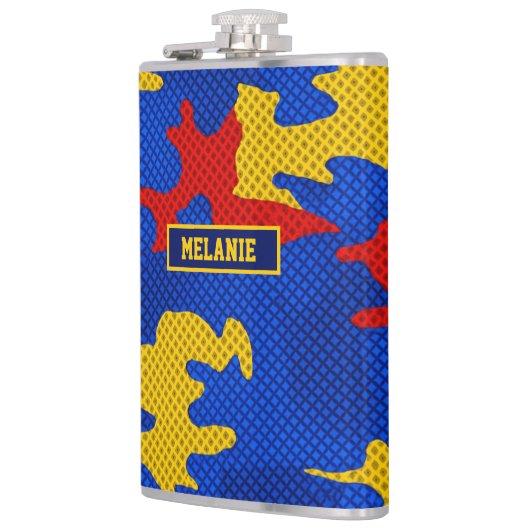 Kansas Blue Red Yellow Vibrant Camo Pattern Flachmann (Links)